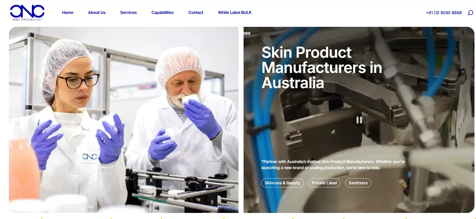 Scientists in lab coats and hairnets analyzing skincare products in a manufacturing facility in Australia. Text overlay reads 'Skin Product Manufacturers in Australia'.